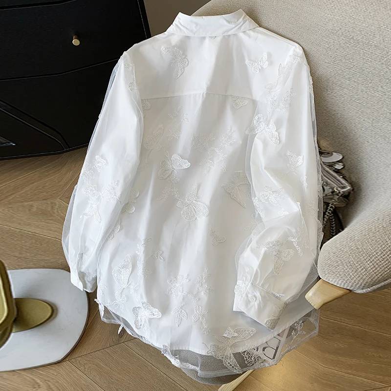 Damskie niebieskie koronkowe koszule w kratę w kształcie motyla bluzki Y2k estetyczne Vintage koreańskie 2000s Oversize koszula z długim rękawem modne ciuchy