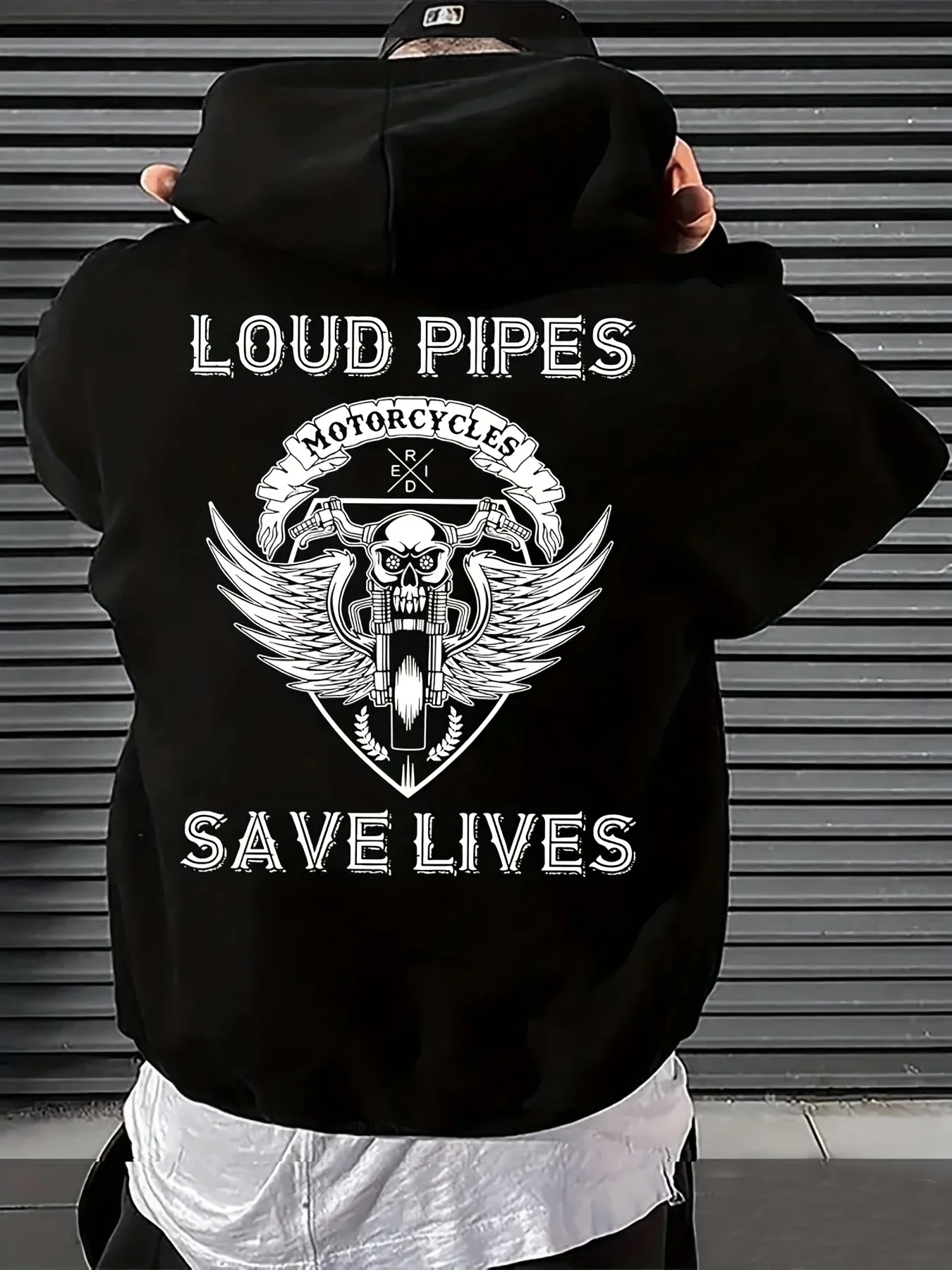 Men'S Heavyweight 50% 50% Motorcycle Hooded Sweatshirt - Extra Large Biker Pullover with LOUD PIPES & Motorcycle Wings Back Print, Motorcycle Saves Lives Graphic