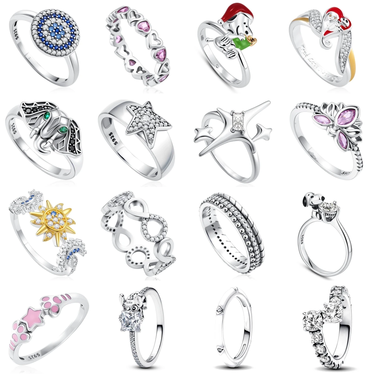 

Hot Sale 925 Sterling Silver Snoopy Christmas Paw Print Stars Moon Flower Ring Rings Fashion Trinkets Jewelry For Women
