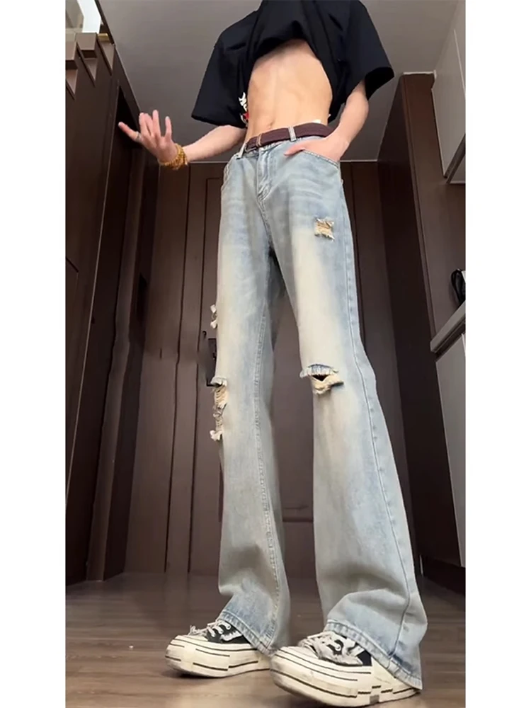 

Light Blue Men's Vintage Waed High Waist Denim Jeans Tear Hole Straight Leg Micro Flared Long Trousers Trendy Brand Jeans