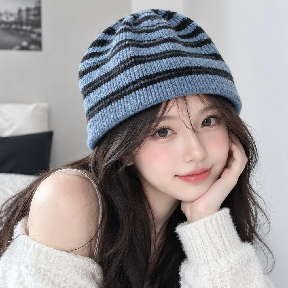 Cold Hat Wool Blend Striped Beanie Hat Color Blocked Soft Ribbed Knitted Cap Thick Windproof Warm Pullover Hat Unisex