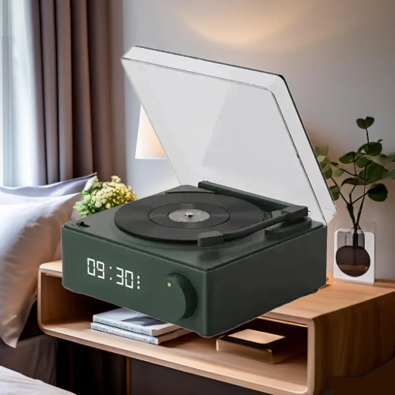 

Retro Wireless Speaker Bluetooth 5.0 Stereo Music Player Desktop Alarm Clock Vintage Vinyl Record Shape Support TF Card/AUX Play