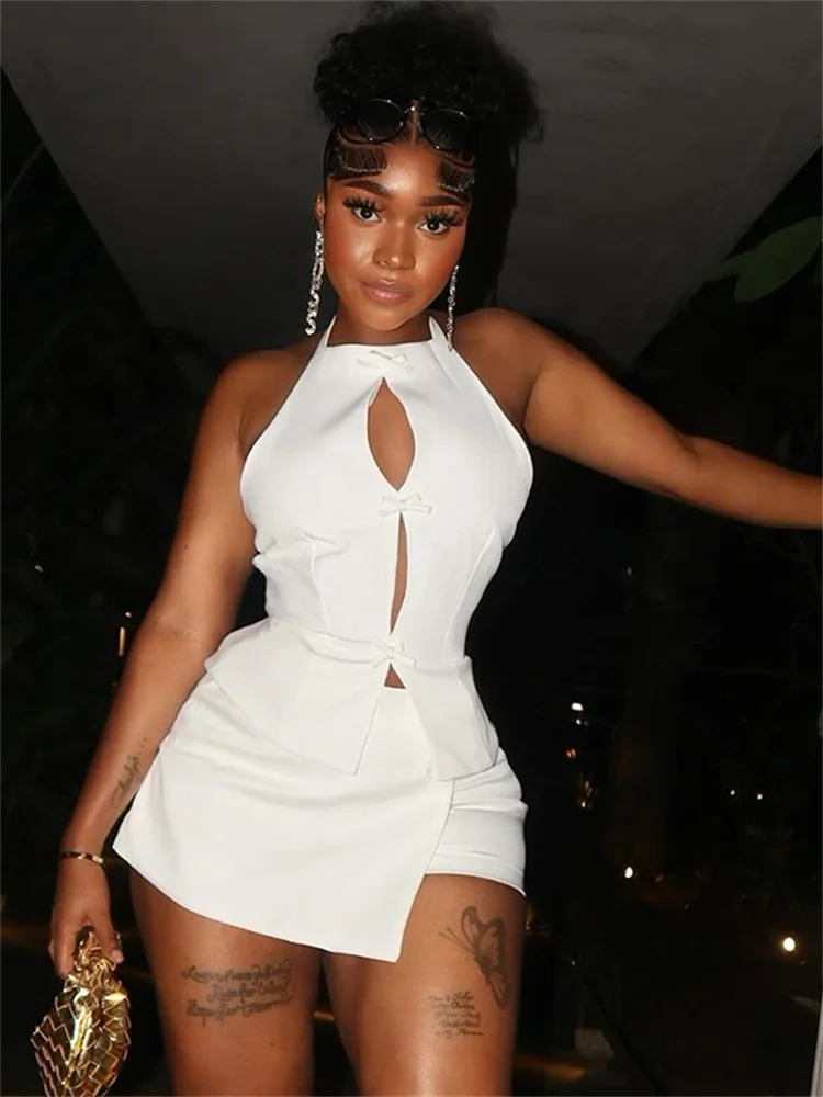 

kliou Solid Sexy Women 2 Piece Set Bows Splice Halter Hollow Out Camis+Stacked Mini Skirts Female Matching Sexy Attractive Suits