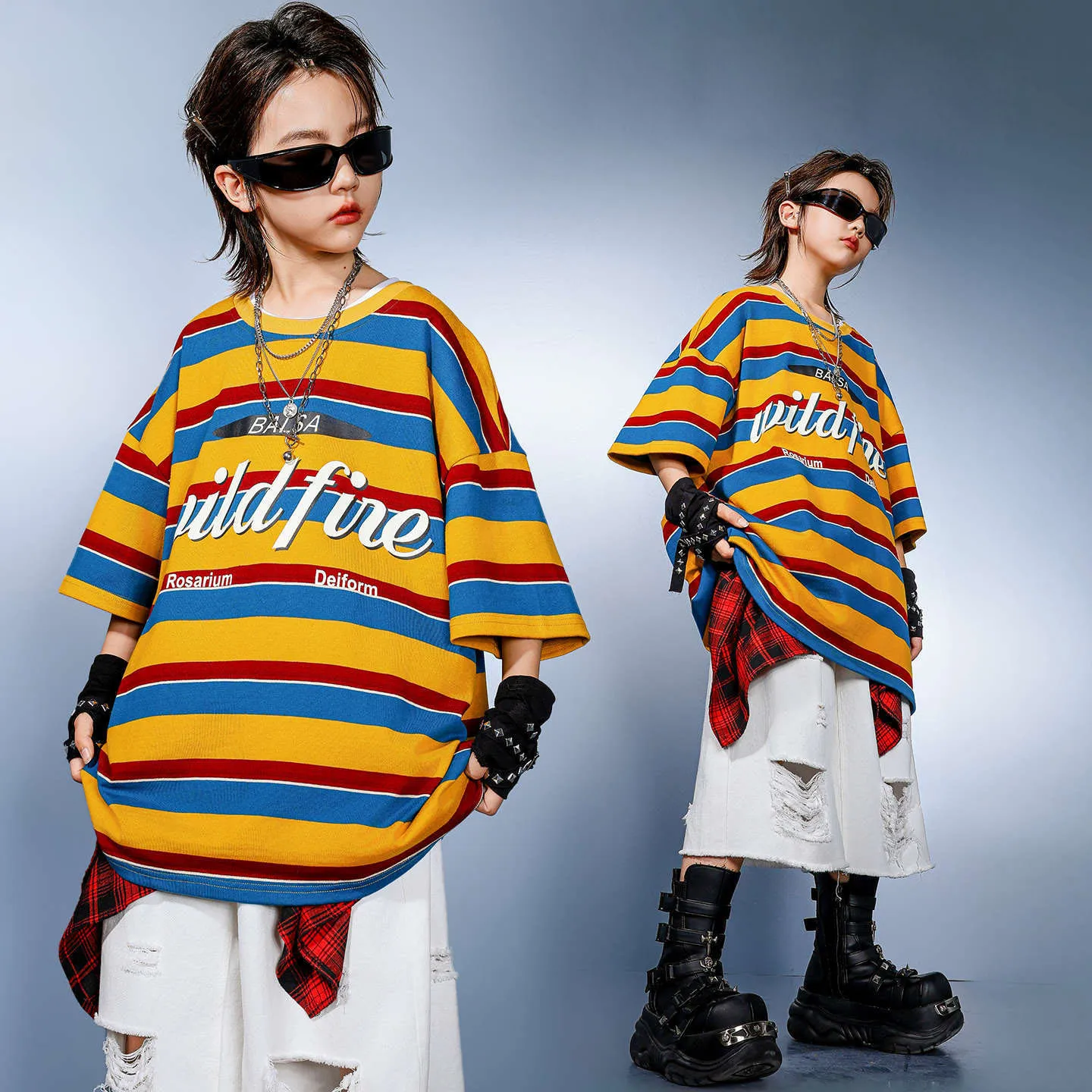 

Kid Kpop Hip Hop Clothing Yellow Striped T Shirt Top White Distressed Ripped Shorts for Girl Boy Jazz Dance Wear Costume Clothes