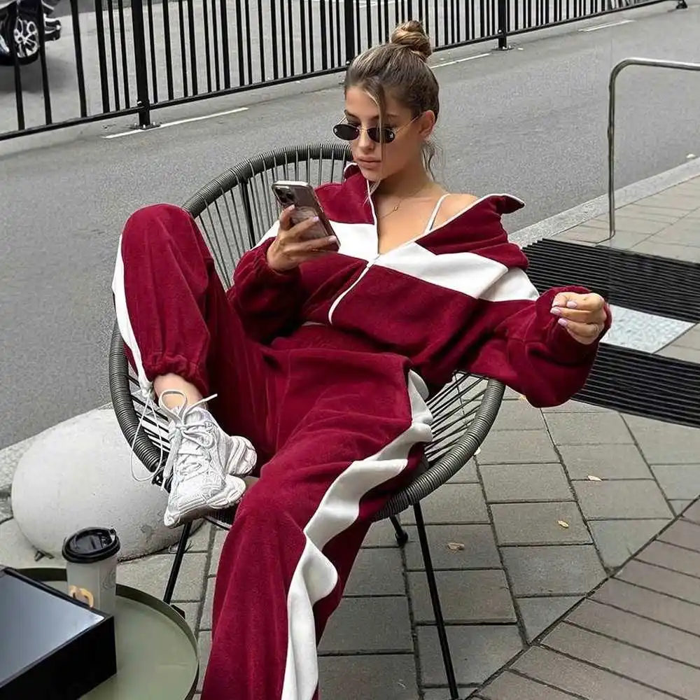 

Fashionable Casual Zipper Cardigan And Long Pants Two-Piece Set for Women Polyester Fabric Autumn Season European Style