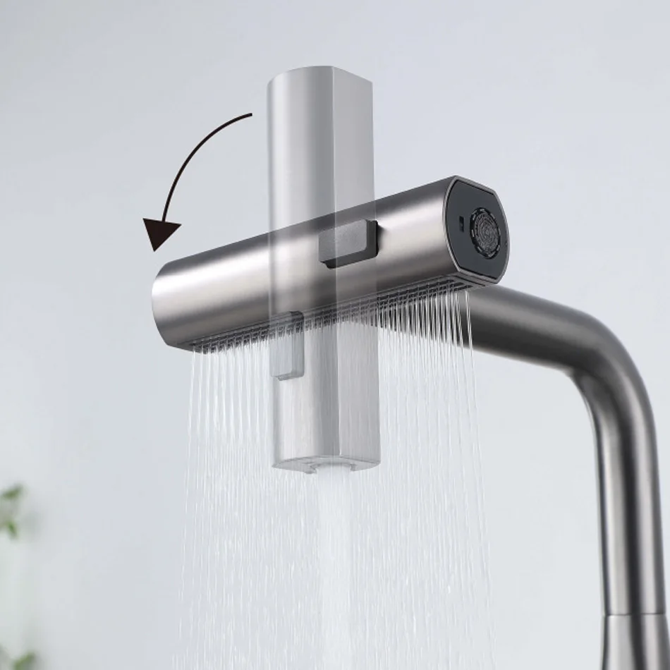 Pull Out Kitchen Faucet Waterfall Raindance 304 Stainless Steel Grey Flexible 360° Rotation Hot and Cold Water Mixer Sink Tap