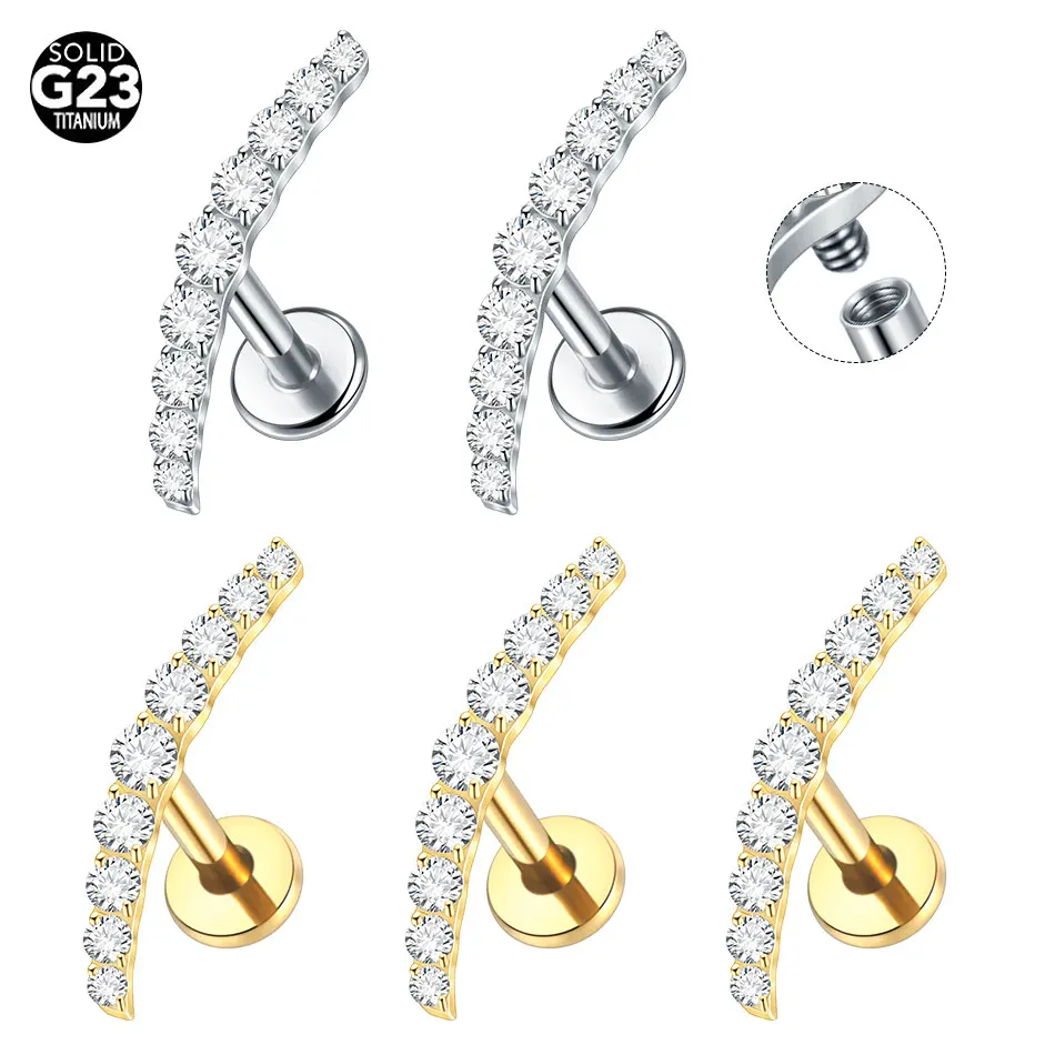 1/5PCS Titan Gold Farbe Labret Flache Basis Ohr Studs Kristall Zirkon Helix Tragus Knorpel Lappen Ohrring piercings Schmuck 16G