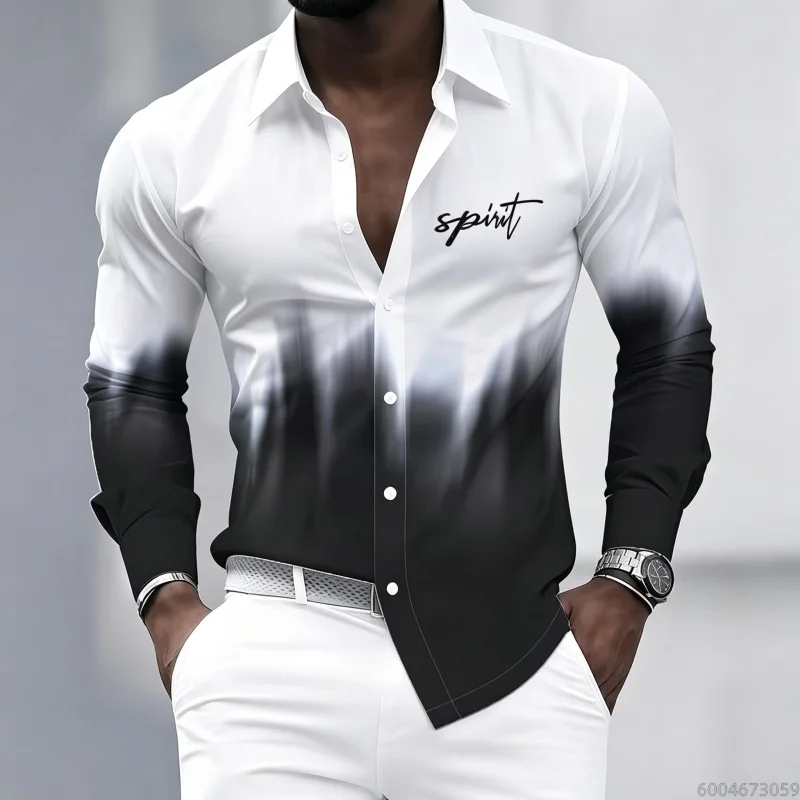 Autumn Gradient Shirts for man Letter Print Men's Long sleeved shirt Graphic men's T-shirt Men Shirt Fashion Old Money shirt top