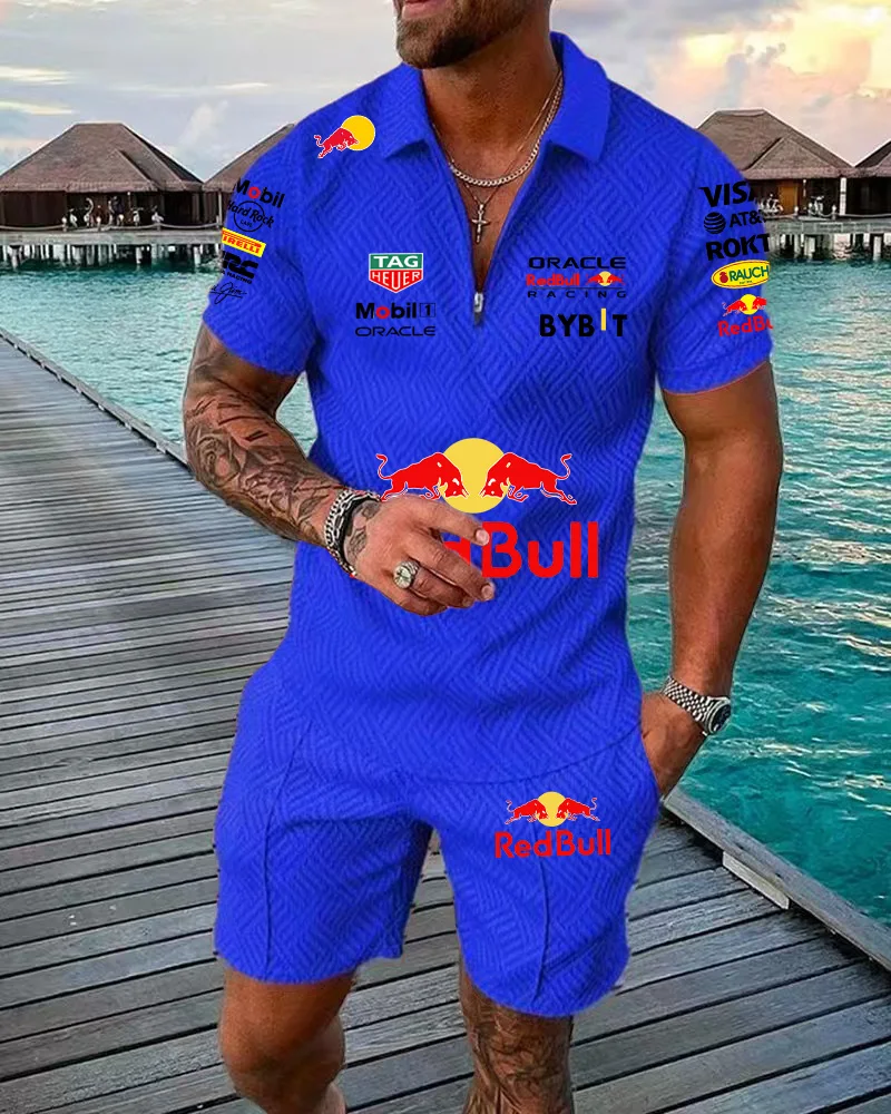 Casual style polo set, Red Bull team uniform, zippered POLO shirt + shorts, comfortable and fashionable set, street style cool