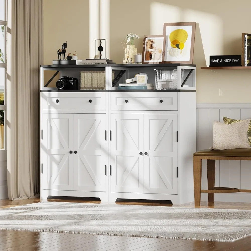 Large Capacity Farmhouse Style White Metal Storage Cabinet with Magnetic Doors, Adjustable Shelves, Kitchen Sideboard