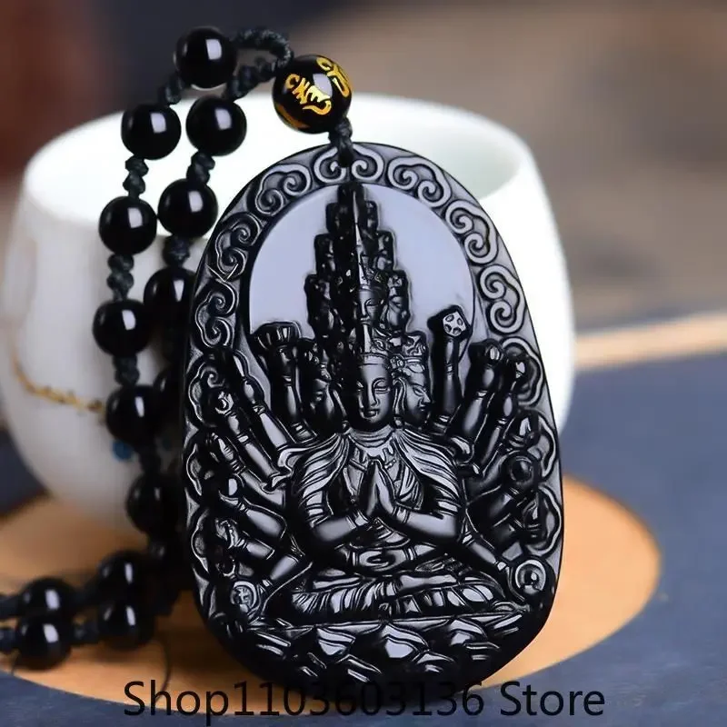 Natural Black Obsidian Handwork Chinese Buddhism Thousand-Hand guanYin Blessing Amulet Pendant + Beads Necklace Fine Jewelry