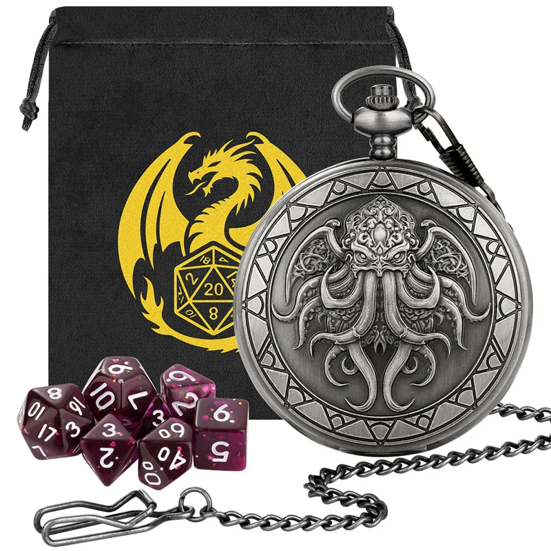 

Bronze Winged Cthulhu Pattern Pocket Watch Case Pendant Chain 7pcs/set Tiny Size Acrylic Polyhedral Dice Role Play Gaming Dices