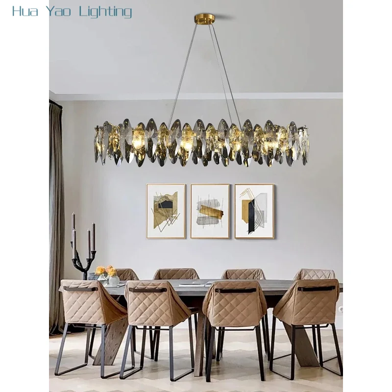 Luxury Crystal Ceiling Chandelier With Brushed Gold Texture, Dining Room Decor Light Fixture Lamparas Kristal Lampa