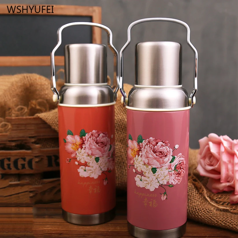 

Retro nostalgic flower insulation kettle creative cute picnic travel large capacity stainless steel water cup kettle bottle