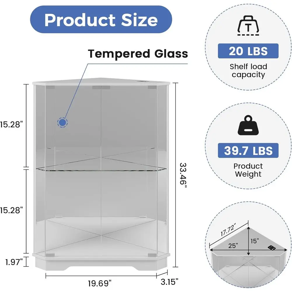 2-Tier Glass Display Cabinet with LED Lights and Charging Station for Living Room, Elegant White view 2