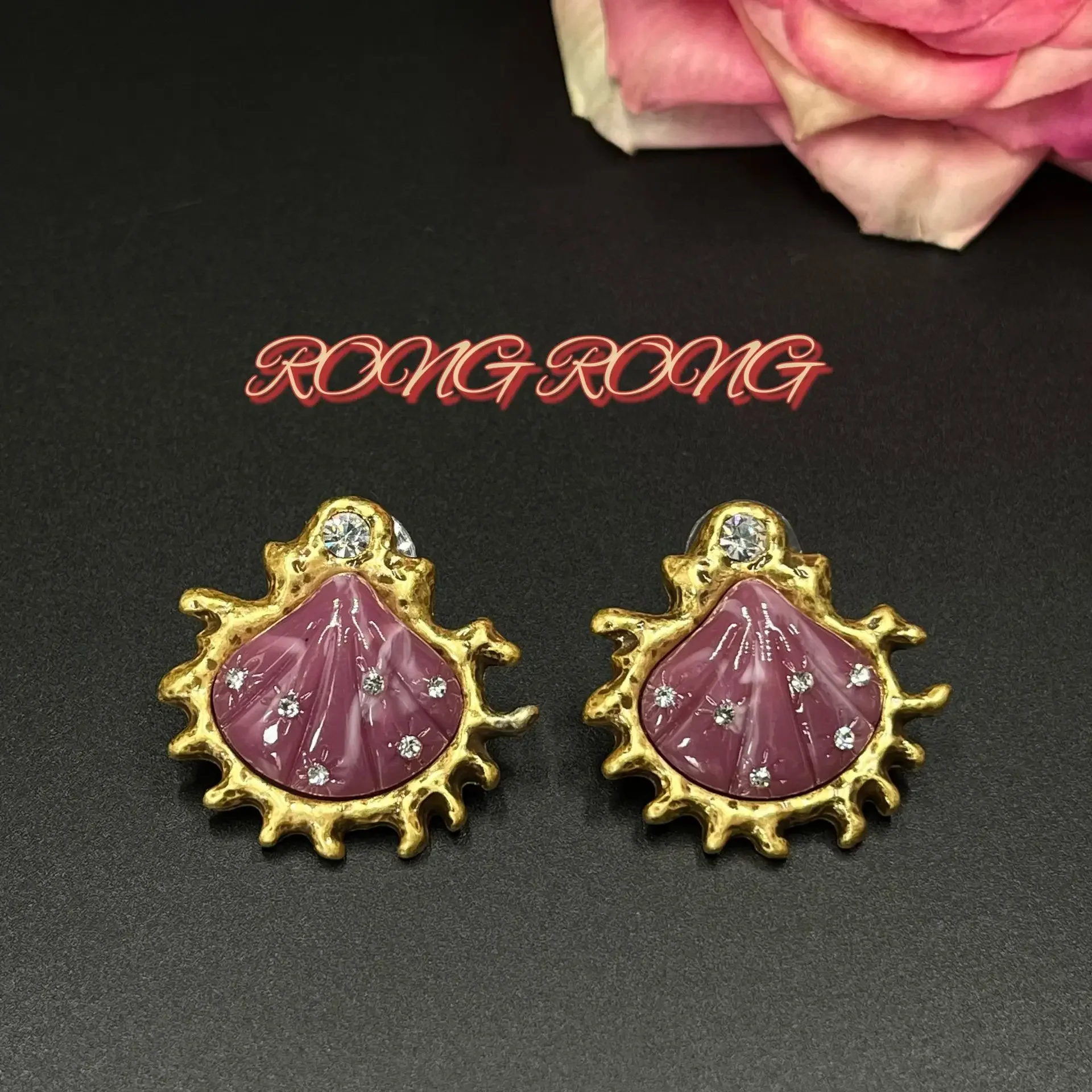 European and American Retro Vintage Gold-plated Flame Purple Shell Earrings Antique Earrings image 4