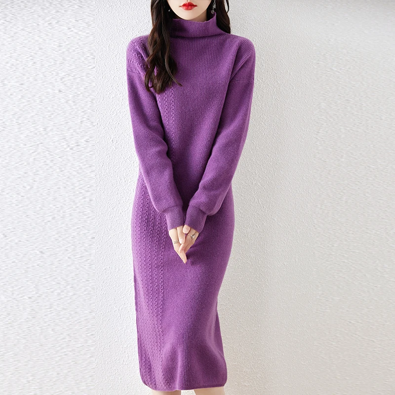 Autumn Winter New Wool Dress Women\'s Half High Neck Long Sleeve Pullover 100% Pure Wool Loose Jacquard Style Knitted Wool Dress