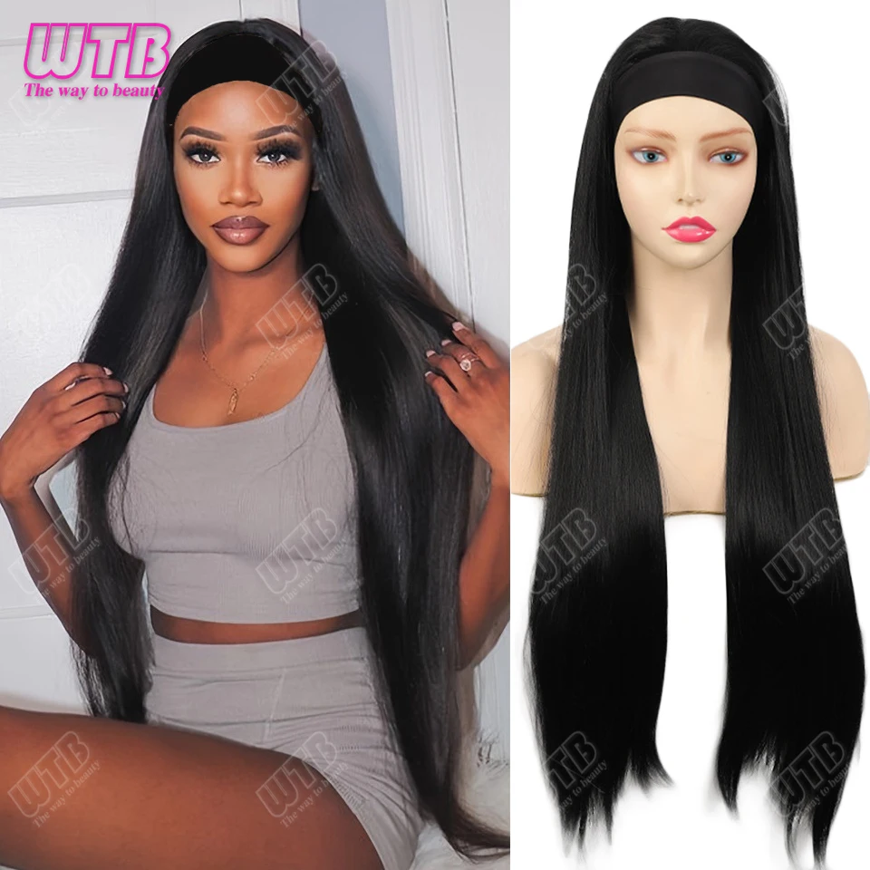 

Синтетический парик, женская черная повязка на голову, длинные прямые волосы, 32 дюйма, модный повседневный черный длинный прямой синтетический парик с повязкой на голову