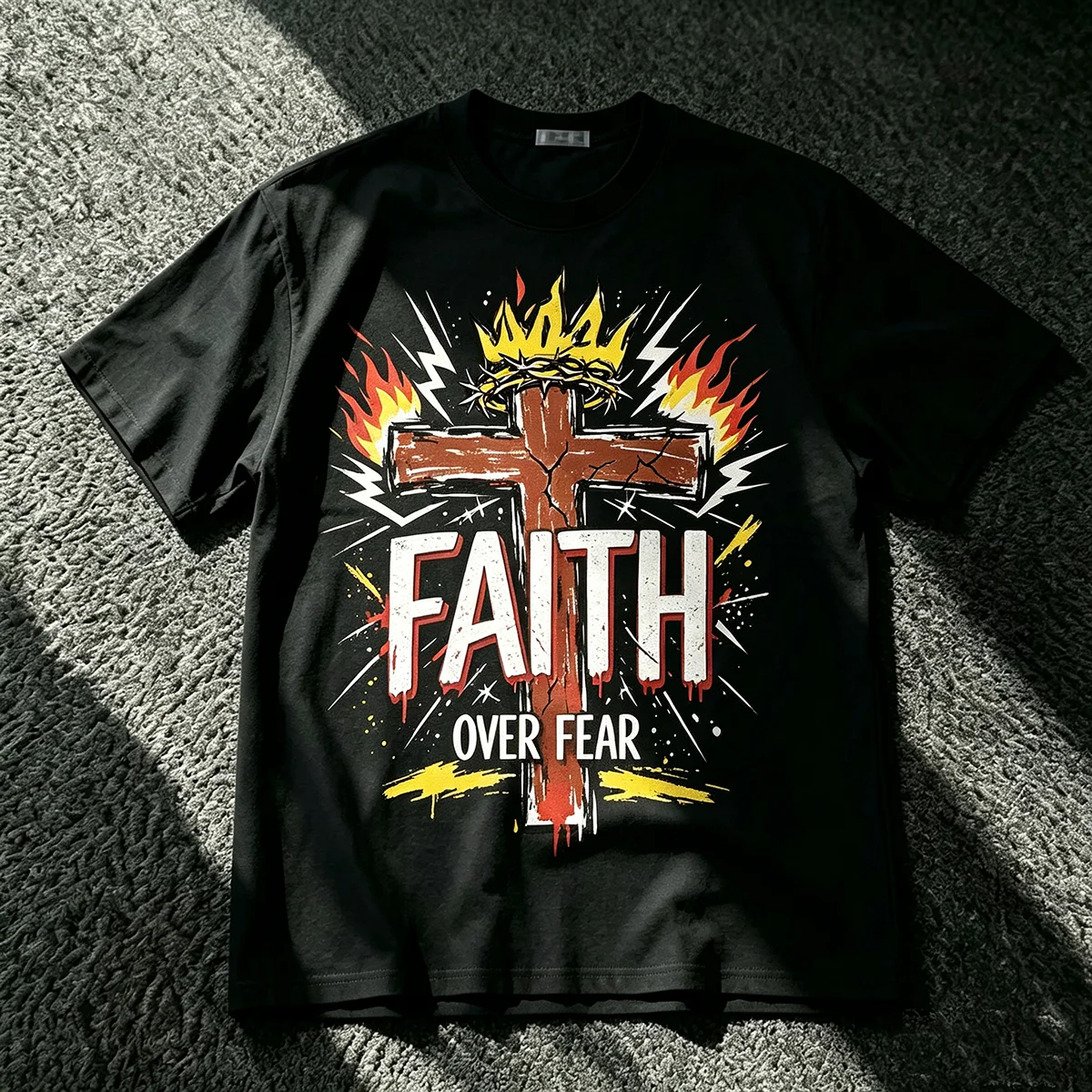 Faith Over Fear T‑Shirt Fire Lightning Cross Crown Of Thorns Grunge Christian Religious Graphic Streetwear Unisex Cotton Short Sleeve Tops for Men Women