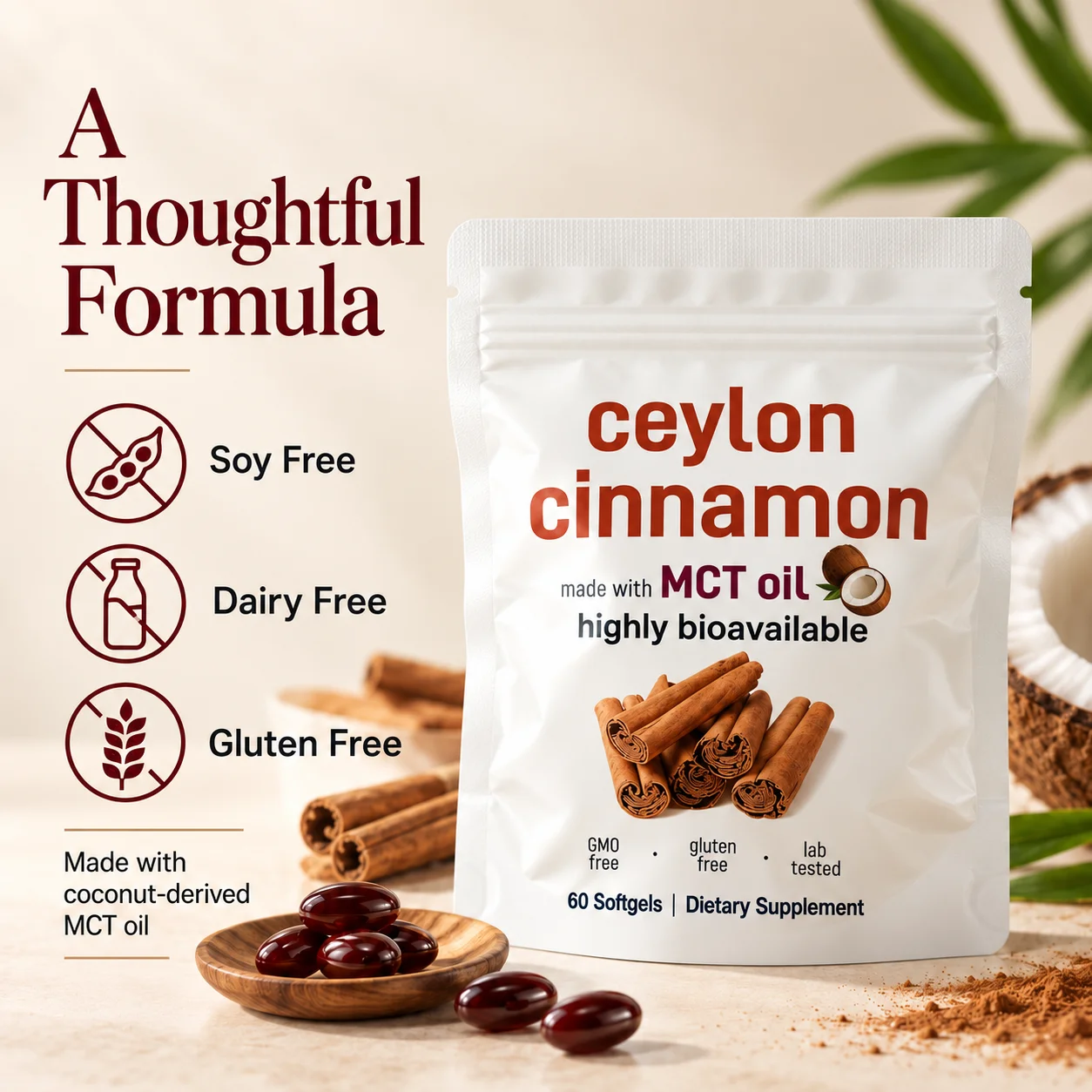 Ceylon Cinnamon Softgels and MCT Oil Antioxidant Support Daily Wellness Supplement 60 Capsules 12:1 Extract Gluten Free Soy Free