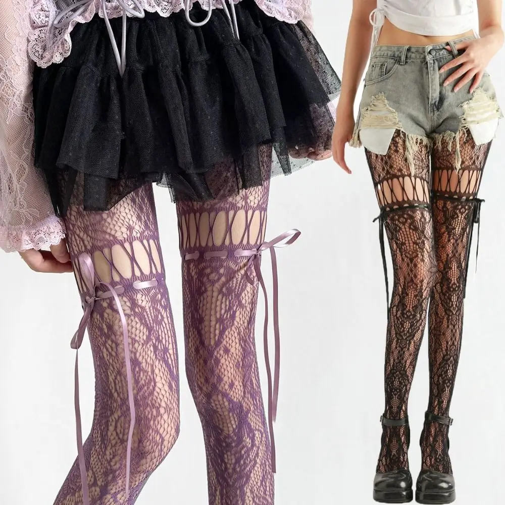 High Waist Mesh Lace-up Pantyhose Smooth Hollow-out Shaping Silk Stockings Hot Girl Style Stretch Sheer Pantyhose Tights Party