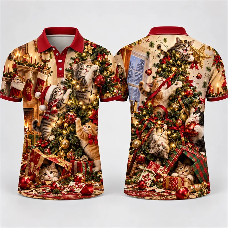 Men Vintage Plaid Christmas Deer Print Polo Shirt Short Sleeve Lapel Tops Wreath Crown Pine Tree Xmas Holiday tshirt For Men