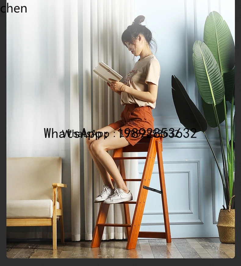 سلم منزلي من الخشب الصلب قابل للطي متعدد الوظائف حامل زهور داخلي لتسلق الدرج بخمس خطوات
