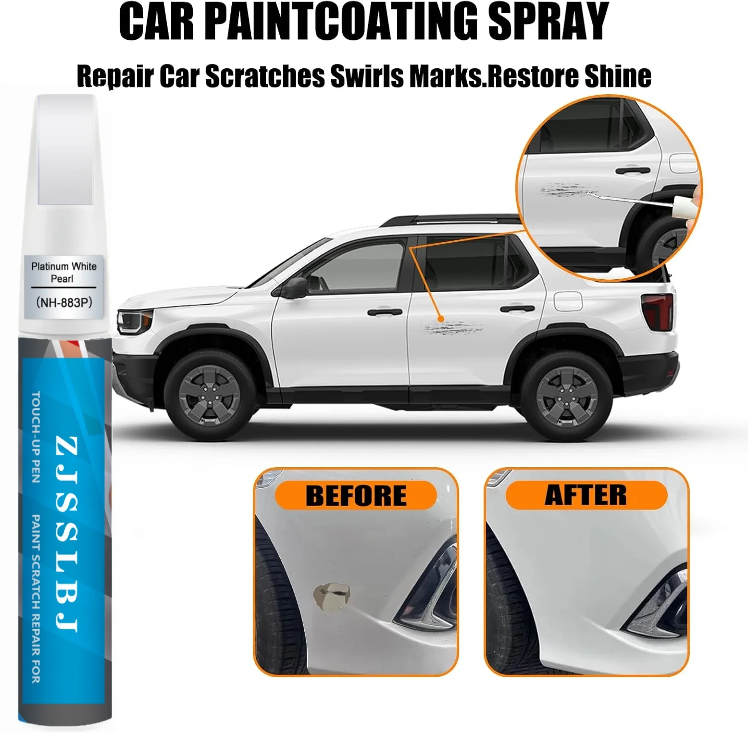 Car Touch Up Paint(Platinum White Pearl(NH-883P)) for Honda, Car Paint Scratch Repair Kit, Quick & Easy Solution to Repair, 2 in