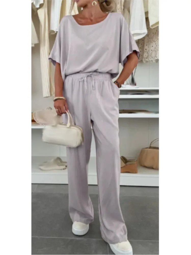 Frauen Fashion Solid Set Casual Kurzarm O Neck T Shirt Tops + Hohe Taille Breite Bein Hosen 2 stück Sets Streetwear Kleidung Neue