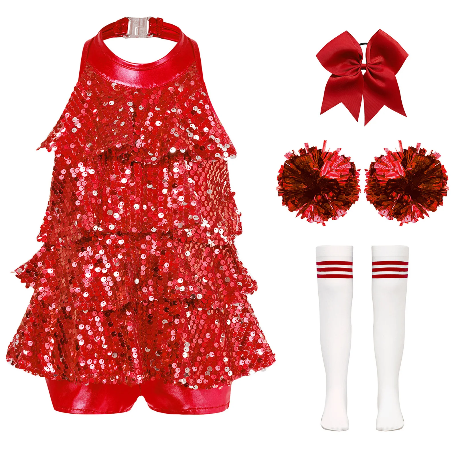 Kids Girls Cheerleading Costume Outfits Halter Dancewear Sets Shiny Sequins Dance Leotard Dress Cheerleader Cheering Team Wear