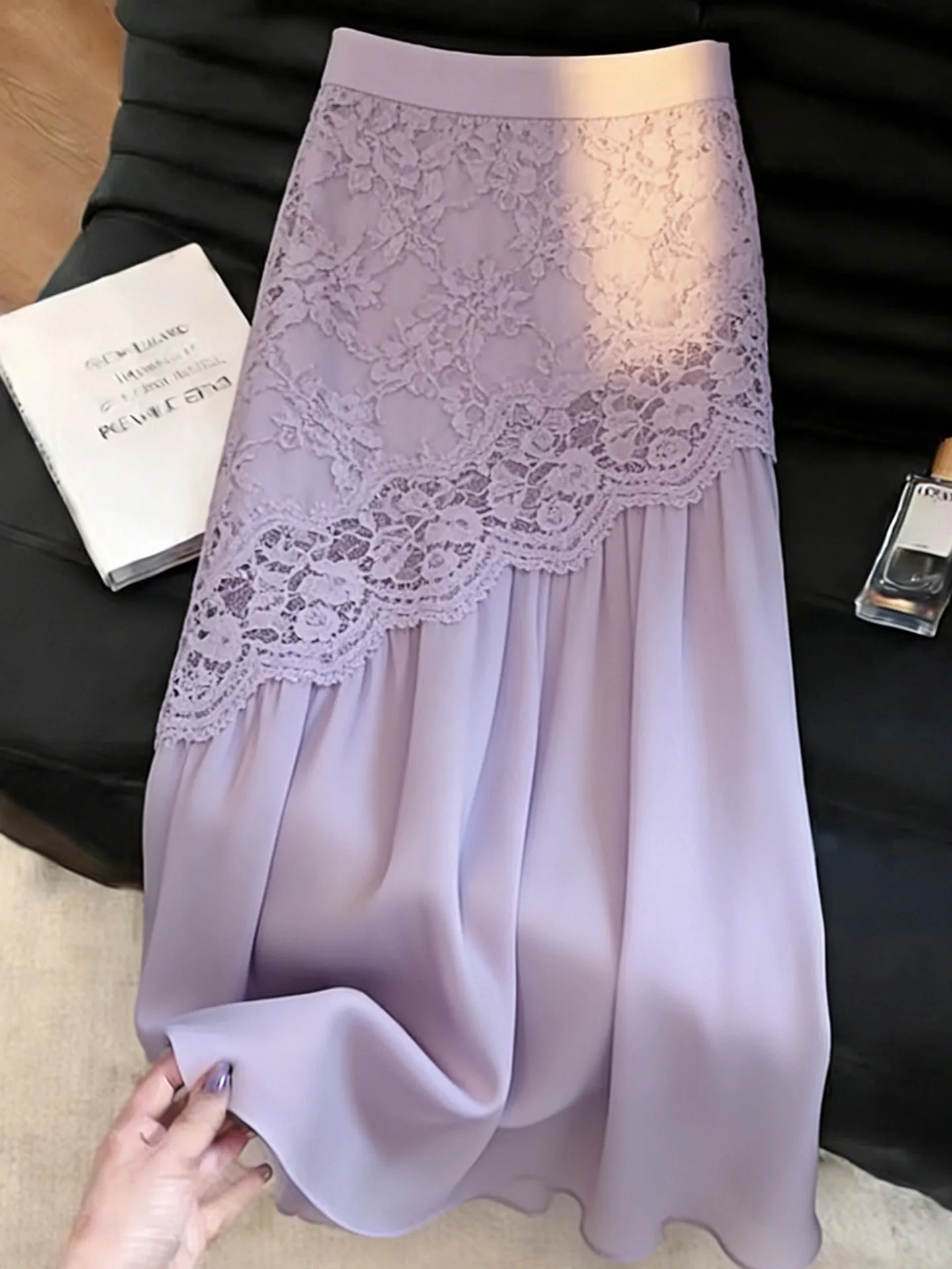 Elegant Purple Chiffon Half Skirt Women Summer New Lightweight Lace Splicing A-line Skirts High Waist Slim Party Midskirts