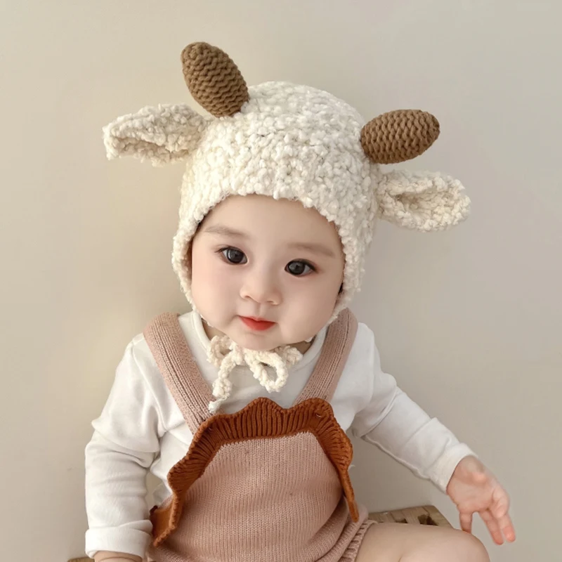 Baby Hat with Earflap Winter Warm Lamb Wool Infant Beanie Cap Cute Sheep Solid Color Cartoon Ears Toddler Ear Protection Caps