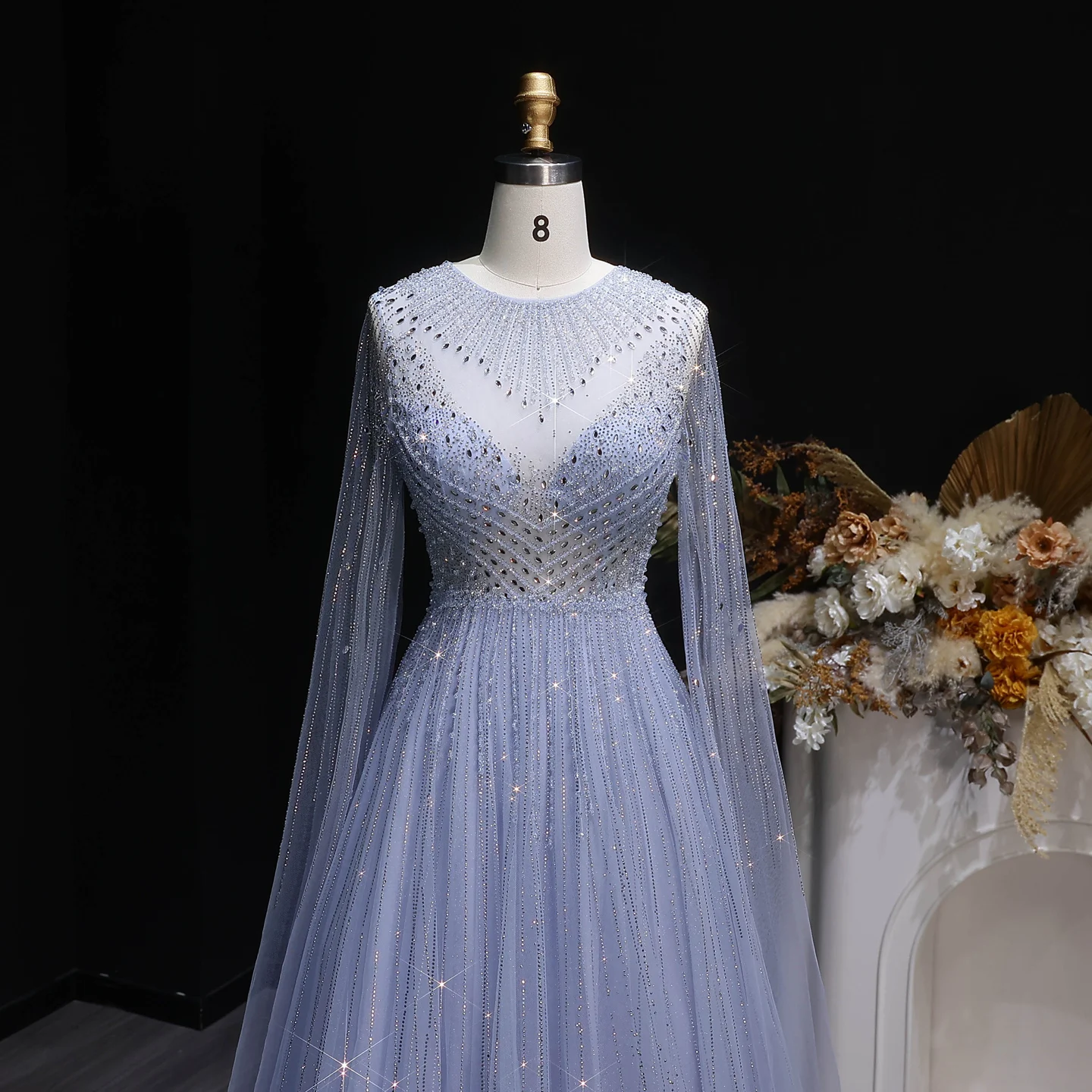Sharon Said Luxuriöse Dubai Perlen-Kristall-Tüll-Abendkleider Elegante Cape-Ärmel Formelle Ballkleider SS054 Maßanfertigung – Detail 7