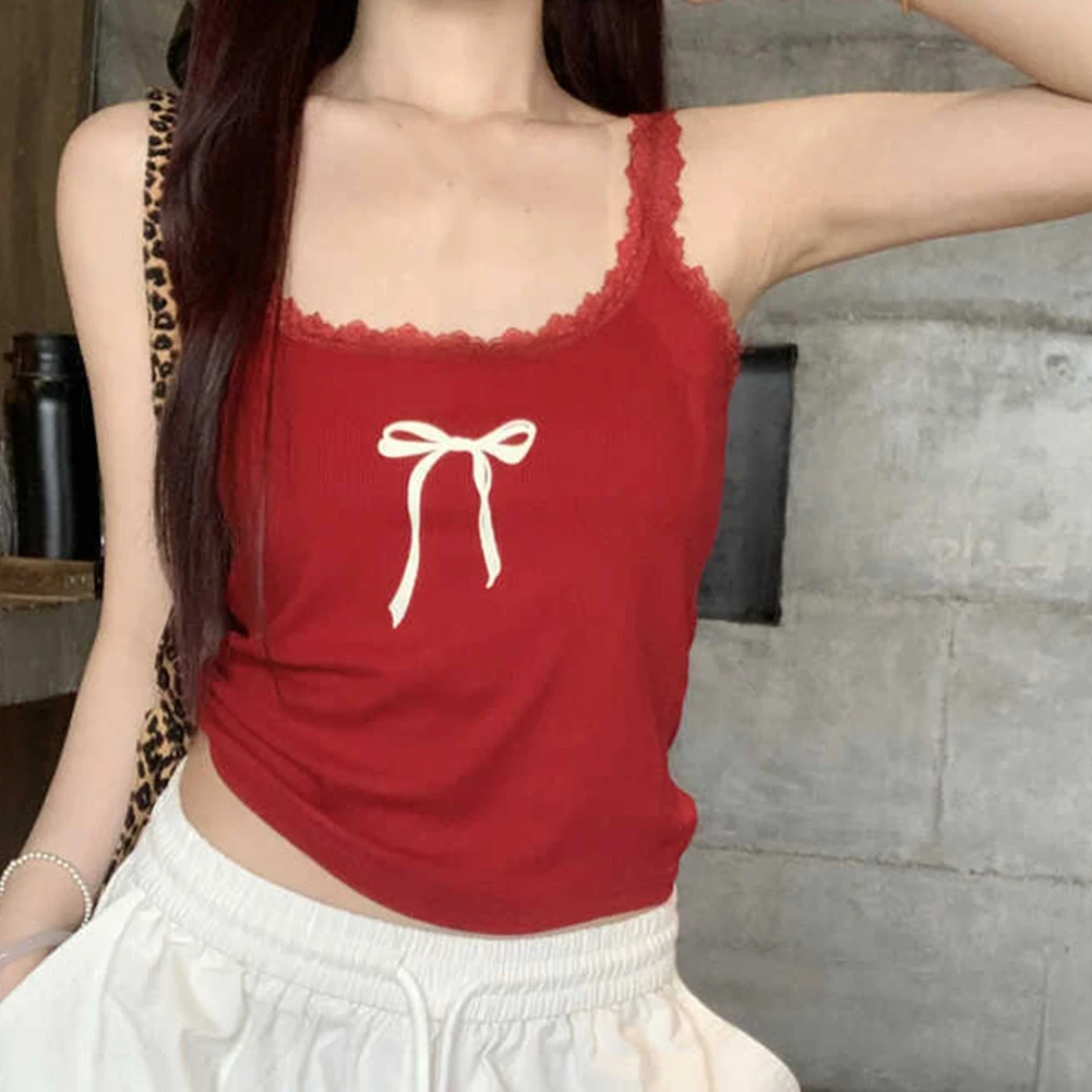 For Daily Wear Lace Bow Camisole Sexy Summer Top Daily Fashion Red Bow Print Lingerie For Female Slightly Elastic