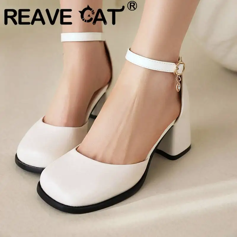 REAVE CAT Design Women Pumps Toe Block Heel 6cm Buckle Strap Sexy Dating Female Shoes Size 40 41 42 43 S4956