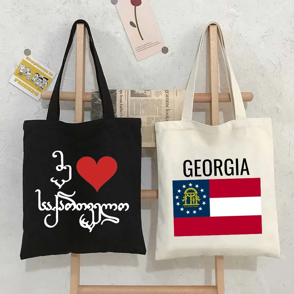 Vintage Love Heart Georgia State Flag Peta Letter Print Wanita Kanvas Pembelanja Katun Tas Tote Tas Tangan Bahu Belanja