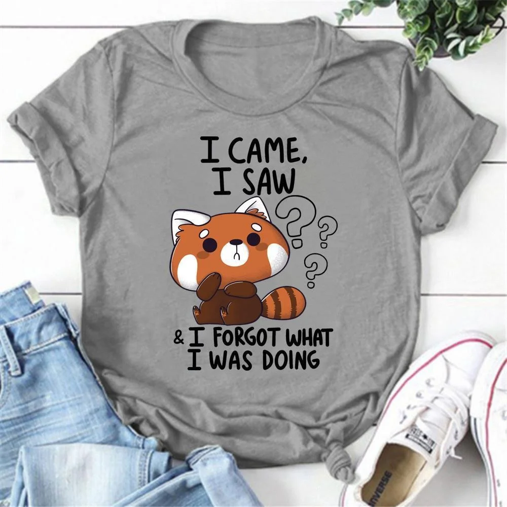 Cute Raccoon I Came I Saw T-shirts For Women Summer Tee Shirt Femme Casual Short Sleeve Round Neck Tops T-shirts