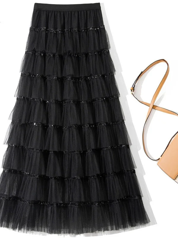 

Юбка-миди А-силуэта с эластичной талией и пайетками, универсальная модель, женская, осень-зима