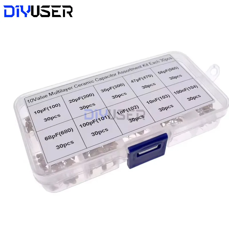 DIYUSER 300pcs 10value 50v 10pf 20pf 30pf 47pf 56pf 68pf 100pf 1nf 10nf 100nf Multilayer Ceramic Capacitor Assortment Kit