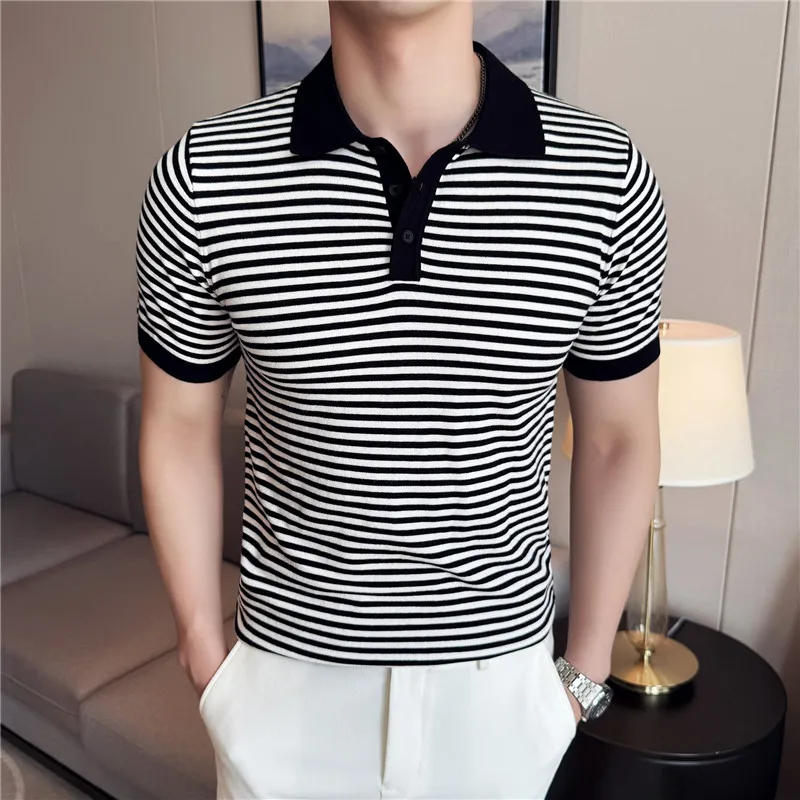 Men High Stretch Knitted Polo Shirt Striped Short Sleeved Summer Light and Thin Slim Fit Top Solid Casual T-shirt Men Clothing