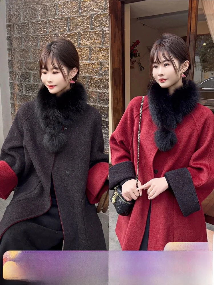 

Элегантное шерстяное пальто Ele Red And Bla для женщин, средней длины, модная верхняя одежда для Нового года, создающая ощущение роскоши