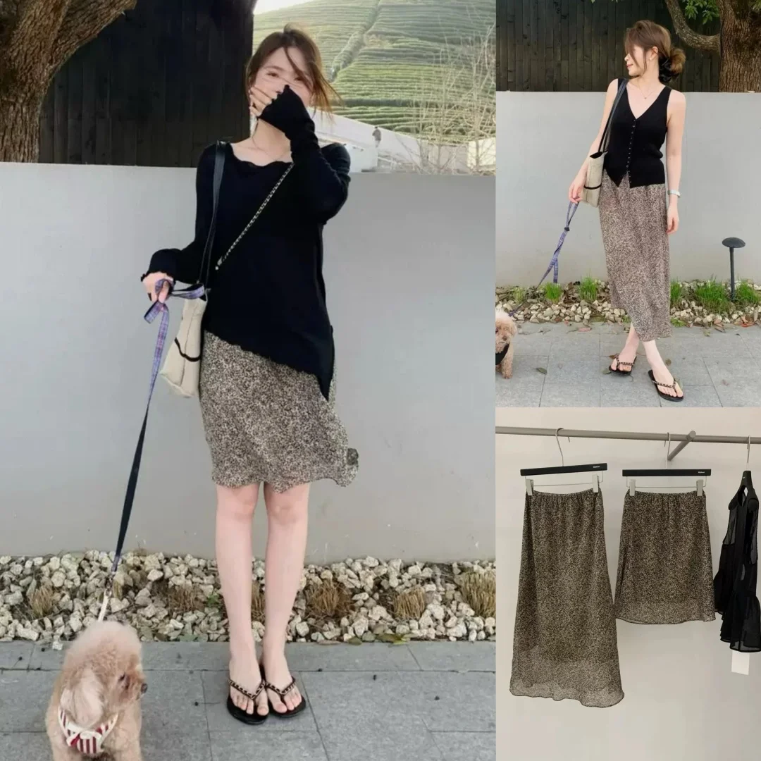 Conjunto de falda y Top con estampado de leopardo y efecto adelgazante, traje de trabajo largo informal fino para primavera y verano, Faion coreano Sle