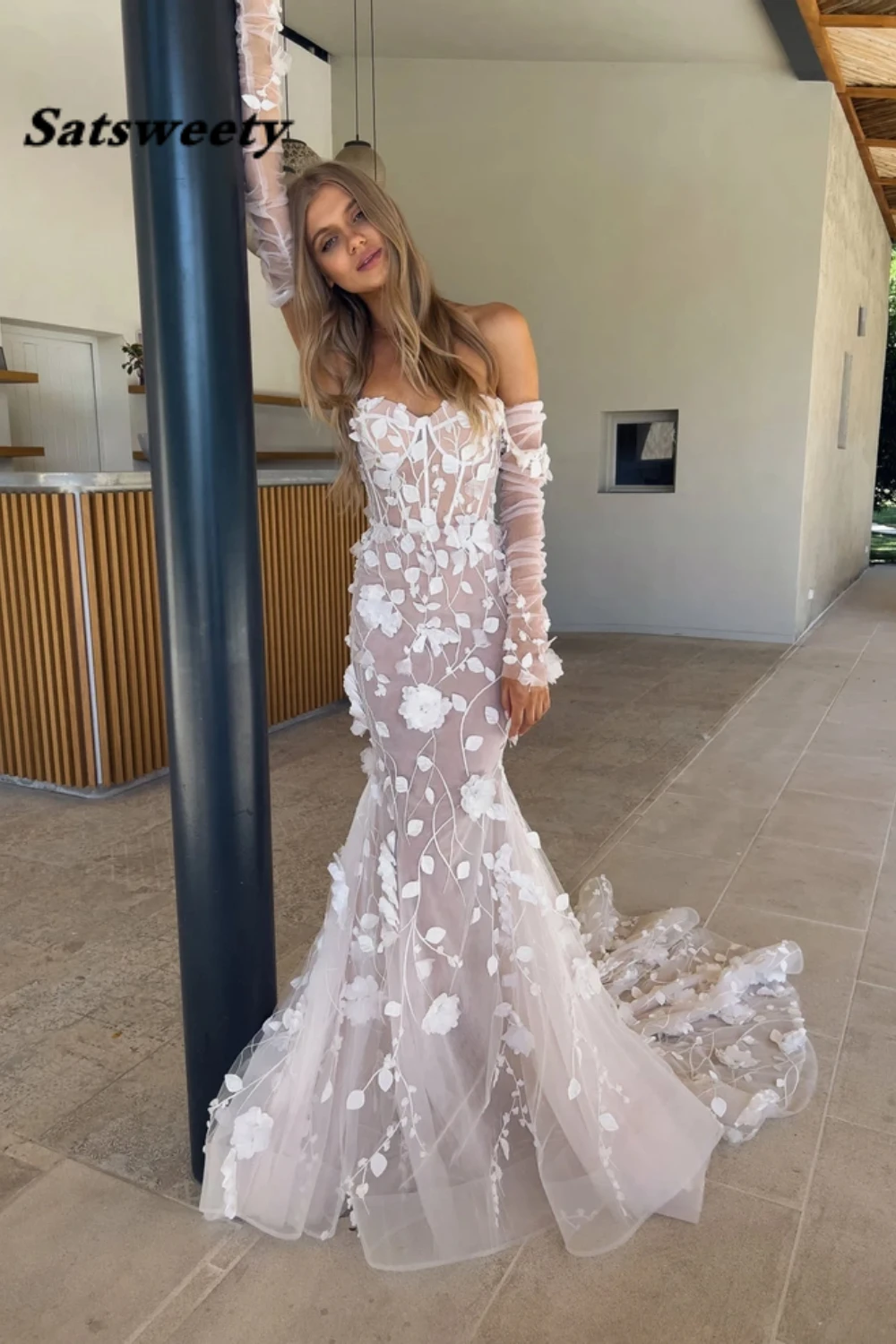 Long Sleeves Off Shoulder Wedding Dresses 2024 Boho Elegant 3 D Lace Mermaid Bridal Gowns Vestidos De Novia