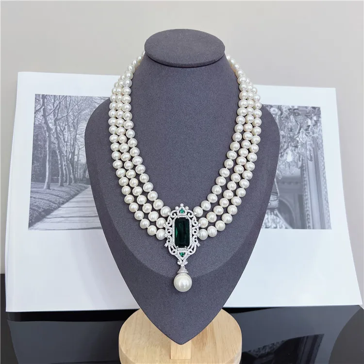 19\'\' 3 Rows 8-9mm Cultured Natural White Pearl  Silver Plated  Zircon Necklace And Bracelet  Set