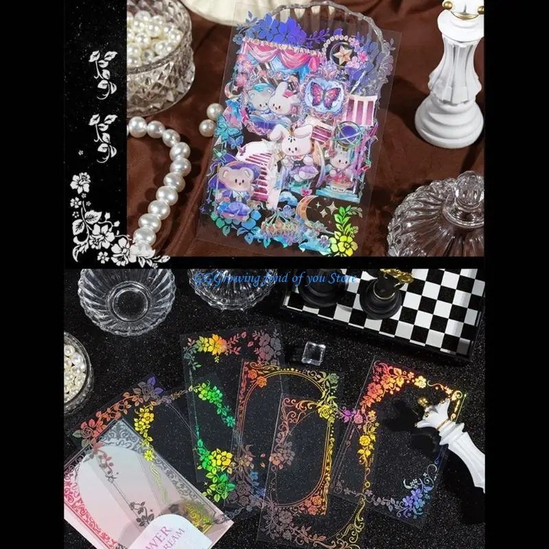 

H9EB Laser-Frame Decorative Stickers Scrapbooking Supplies Waterproof Aesthetic Stickers for Journaling Photo,DIY Guka Making