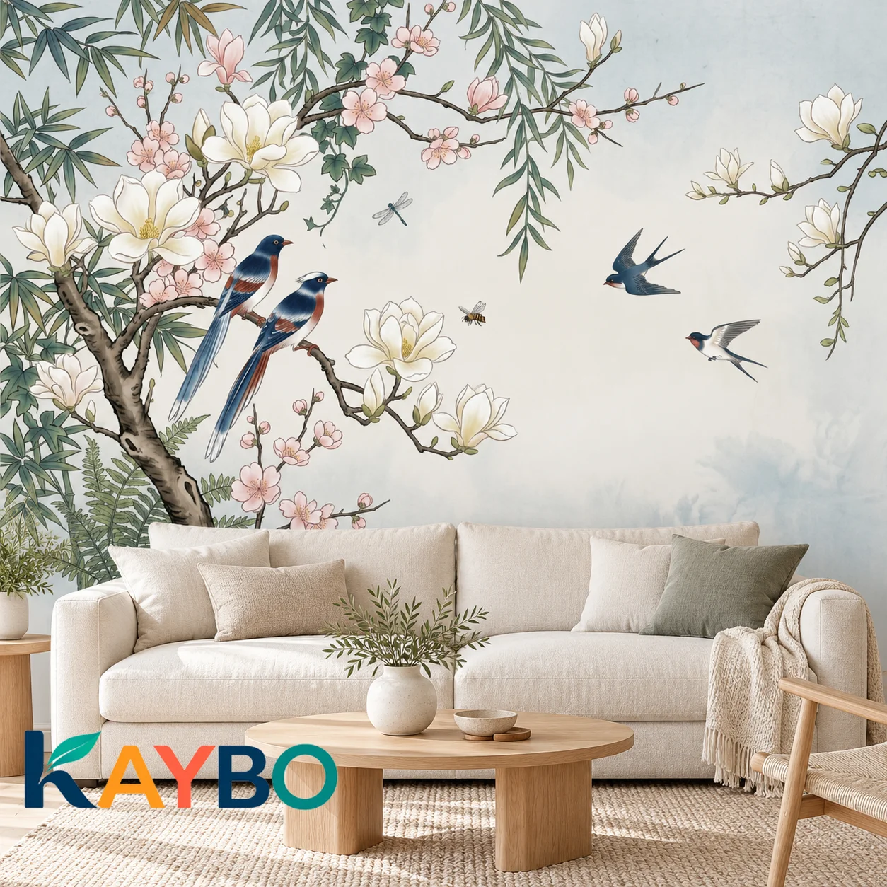 Chinoiserie Wallpaper Mural Birds and Magnolia Flowers Vintage Botanical Non Self Adhesive Living Room Bedroom Accent Wall Decor