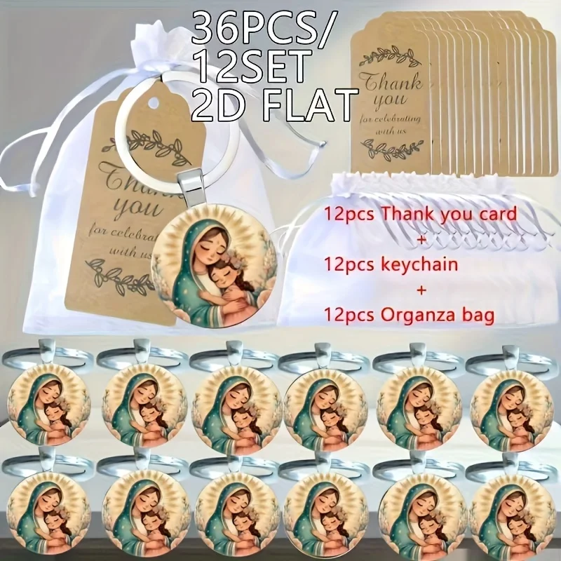 36 Stück/12 Sets Schlüsselanhänger mit Jungfrau Maria und Engel-Medaillen, inklusive Dankeskarten und Taschen für Taufe, Kommunion, Hochzeit, Firmung – Detail 3