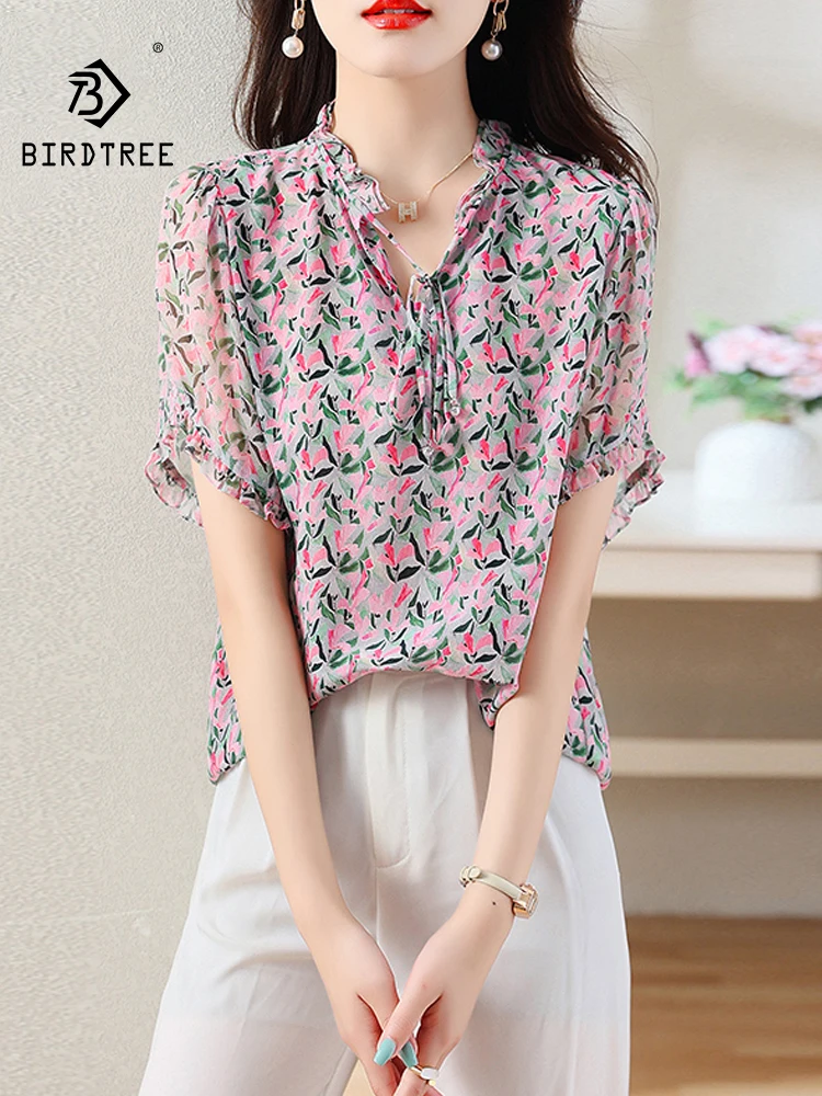 

Birdtree, 100%Real Silk Women Elegant Shirts, Short Sleeve Lace-up Printed Blouses, OL Commute Summer Autumn 2024 Tops T46574QC