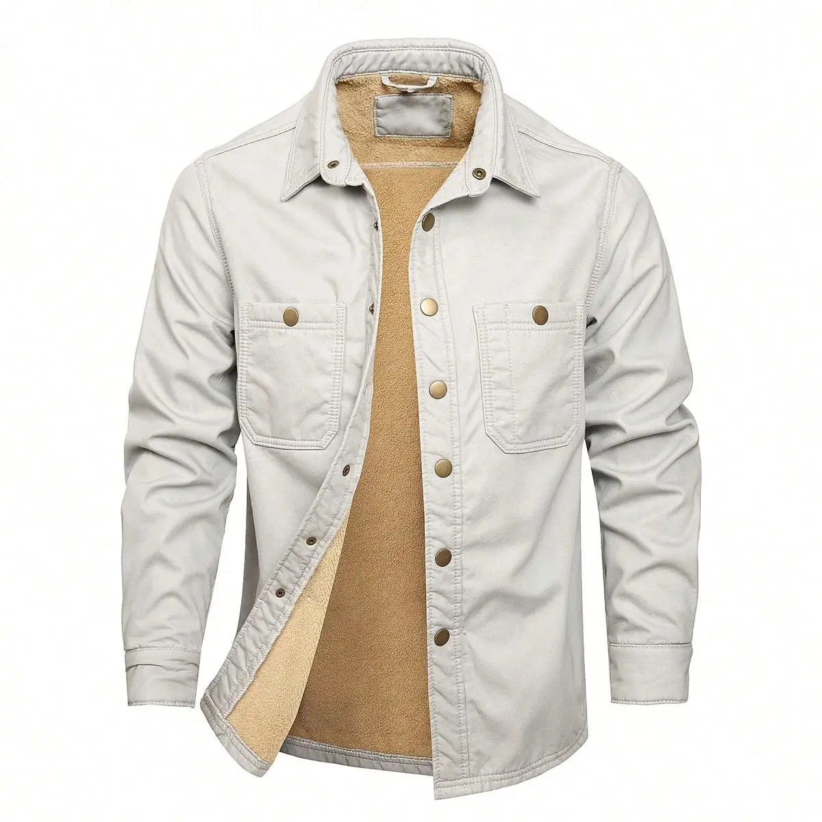 Men's winter light gray denim fleece-lined shirt, combining warmth with a casual temperament.
