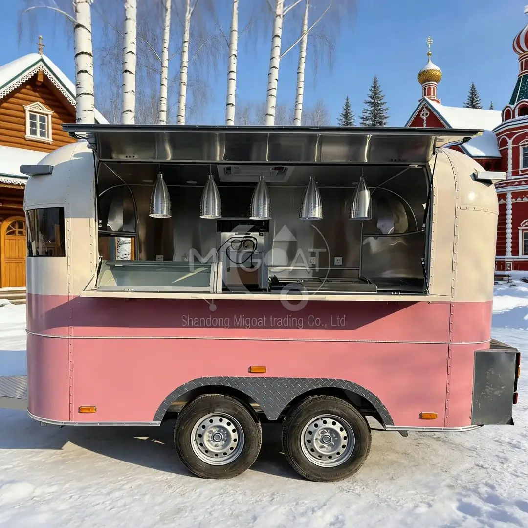 Customized Mobile Food Cart Pink & White Outdoor Street Food Vending Trailer with Lighting And Air Conditioning for Cold Drinks